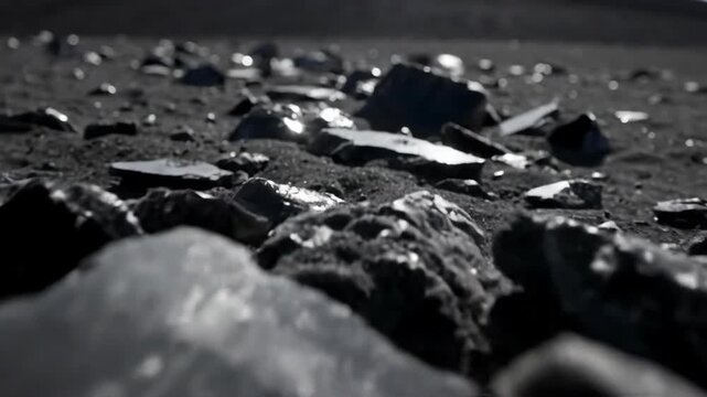 Slow dolly shot revealing obsidian shards half buried in volcanic ash with glassy glistening surfaces. Geological texture of volcanic terrain in natural landscape footage.