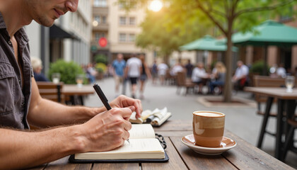 Man writing notes in leather notebook at outdoor cafe, creative focus