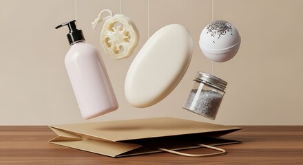 Levitating Spa Essentials - Soap, Lotion, Bath Bomb, and Loofah Above Paper Bag.
