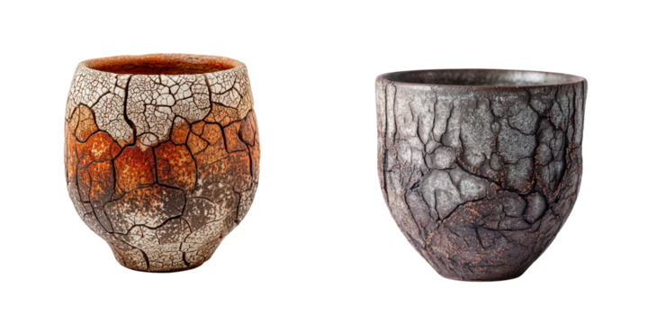 ceramic clay pot and vintage pottery objects isolated on white background