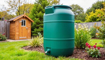 Green rainwater barrel in garden setting near wooden shed, sustainability