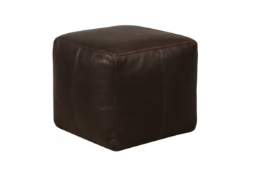 Brown leather cube ottoman on transparent background