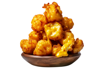 Deep-fried cheese curds balls served in wooden bowl, isolated on white transparent background. Concept of United States traditional dishes snack food