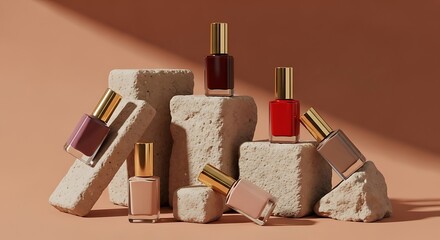 Elegant Nail Polish Collection on Stone Pedestals, Warm Tones, Beauty Still Life.