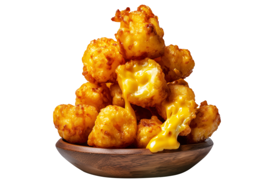 Deep-fried cheese curds balls served in wooden bowl, isolated on white transparent background. Concept of United States traditional dishes snack food
