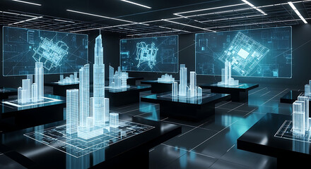 A futuristic cityscape with glowing holographic buildings and digital displays, showcasing a modern and technologically advanced urban environment