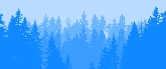 blue monochrome silhouette of a dense evergreen forest against a pale blue sky © Arun