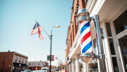 Shiny barbershop pole with bright stripes on main street, local charm