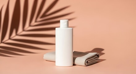 Minimalist Spa Mockup with White Bottle and Crisp Palm Leaf Shadow on a Peach Background.