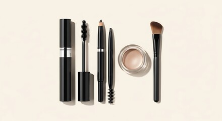 Elegant Makeup Essentials - Mascara, Pencil, Brow Brush, Cream Shadow, and Angled Brush Arranged Artfully.