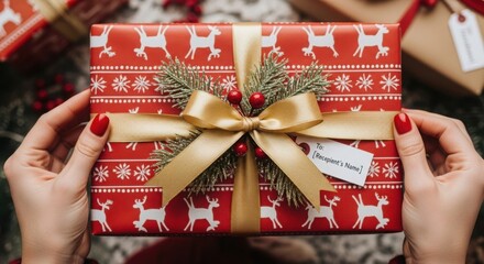 Hands holding a wrapped Christmas present with the tag "To: [Recipient's Name]"