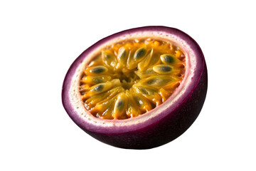 Half of a ripe purple passion fruit showing the vibrant yellow pulp and seeds under dramatic lighting isolated on transparent background