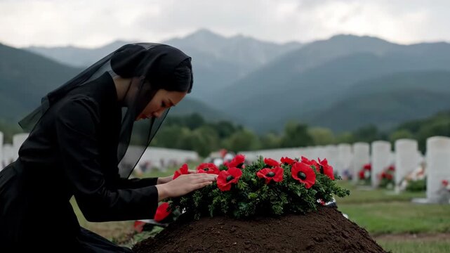 Woman in black veil placing red wreath on soldier's grave mound. Mourning widow at military cemetery with mountain backdrop. Remembrance grief and memorial honor footage.