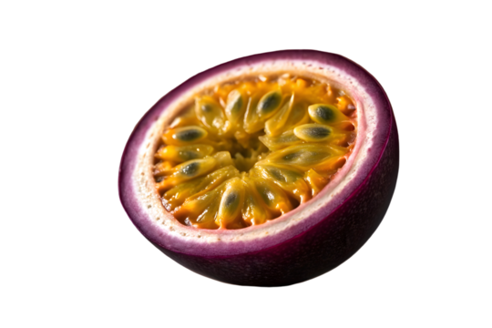 Half of a ripe purple passion fruit showing the vibrant yellow pulp and seeds under dramatic lighting isolated on transparent background