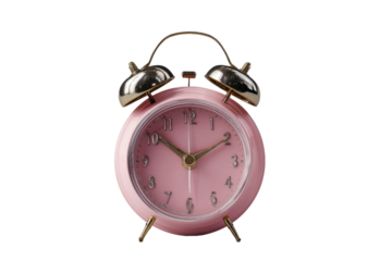 Pink twin bell alarm clock with gold accents on black background image, Isolated On Transparent Background, Png Cut Out