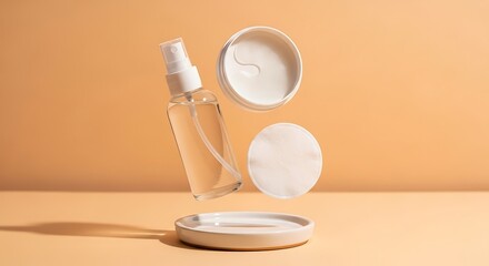 Levitating Skincare Products - Serene Amber Background with Soft Shadows and Floating Cosmetics.