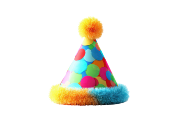 Colorful party hat with fluffy trim and pompom on black background birthday celebration, Isolated On Transparent Background, Png Cut Out