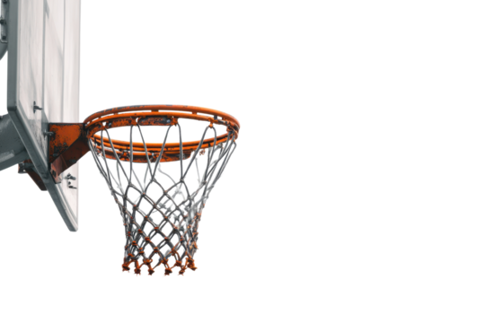 Close up of a weathered orange basketball hoop and white backboard against black image, Isolated On Transparent Background, Png Cut Out