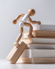 Wooden mannequin climbing a stack of books, symbolizing learning, ambition, and personal growth.