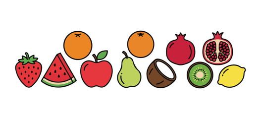 Strawberry, watermelon, orange, and apple, along with pomegranate and coconut, plus pear, kiwi, and lemon, all isolated on a white background. A colorful fruit icon collection. Vector illustration