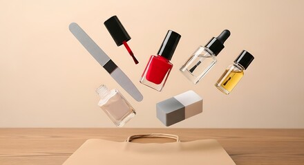 Chic Manicure Haul - Levitating Nail Polish, Cuticle Oil, and Tools Floating Above a Kraft Bag.