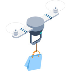 Gray Quadcopter Drone Delivering a Light Blue Shopping Bag with Orange Handles on a Transparent Background