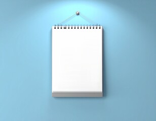 Wall Calendar Mockup with Spiral Binding Hanging on Blue Wall. Generated image