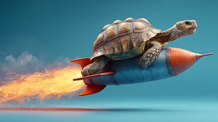 A tortoise achieving rapid success and progress by flying on a fast rocket against a blue background