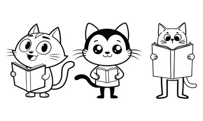 Three adorable cartoon cats of varying styles each holding and reading an open book presented in a simple black and white line drawing style for educational or creative projects