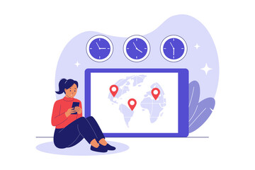 Illustration of Time Zone Settings and Global Digital Communication. man Managing Time Across Different World Zones