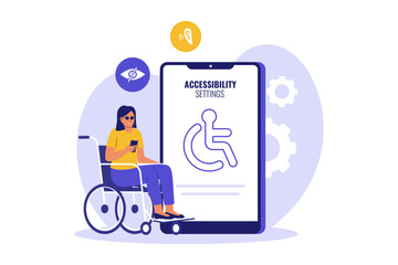 Illustration of Accessibility Settings and Inclusive Design. Woman in a Wheelchair Adjusting App Settings for Better User Experience