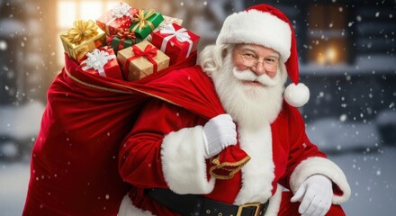 Santa Claus carrying a bag full of Christmas gifts in a snowy scene