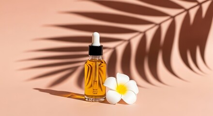 Radiant Golden Oil Dropper Bottle, White Plumeria, and Tropical Palm Shadow.