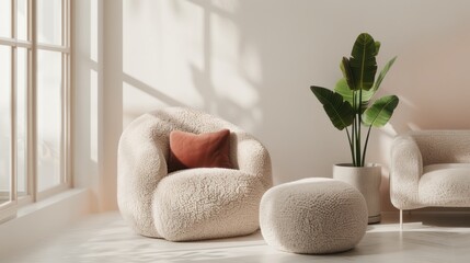 Cozy Modern Living Room with Plush Armchair and Green Plant in Bright Sunlit Space