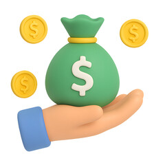 3D money bag, hand holding green sack with gold coins, isolated on transparent background