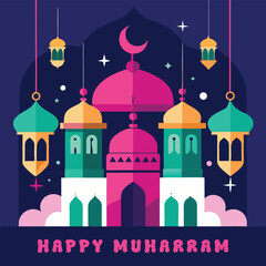 Vibrant islamic mosque with traditional lanterns and crescent moon illuminated against a starry night sky celebrating the auspicious occasion of happy muharram