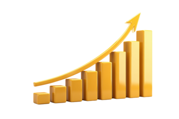 Yellow 3 D Bar Graph with Upward Arrow on Black Background chart business, Isolated On Transparent Background, Png Cut Out