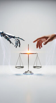 Robot hand human hand balance justice technology law artificial intelligence ethics future decision image shows robot hand and human hand reaching toward glowing balance scale symbolizing