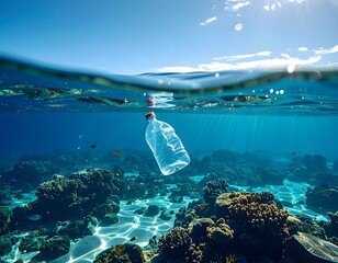Plastic bottle floating in clear ocean water, environmental pollution, marine ecology