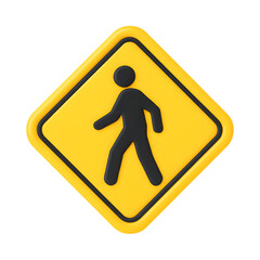 3D pedestrian crossing icon, yellow traffic road warning sign with walking person, isolated on transparent background