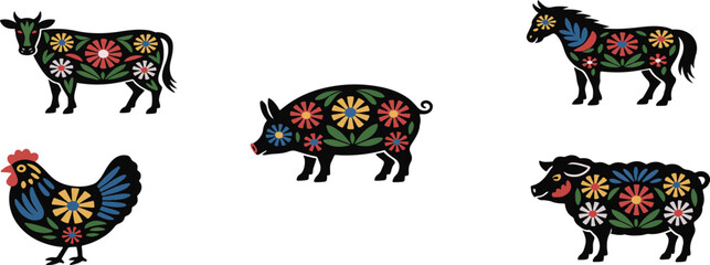 Colorful collection of various animal illustrations including a dog cat bird elephant and giraffe isolated on white background