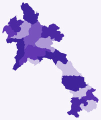 Map of Laos with regions. Just a simple country border map with region division. Deep purple color palette. Blank Lao People's Democratic Republic shape with administrative division.