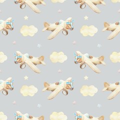 Wooden toy airplane with clouds and stars seamless pattern. Hand drawn watercolor illustration. Pastel clip art for birthday cards, baby shower invitations, nursery wallpaper and newborn textiles.
