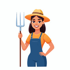 Female farmer with pitchfork in overall yellow shirt and hat on white background