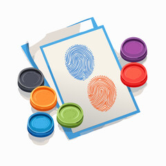 Fingerprint evidence illustration on paper with colorful ink pads isolated