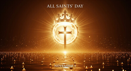 All Saints Day glowing cross golden crown radiant light spiritual celebration November 1 candle reflection religious holiday