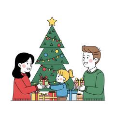 Family exchanging Christmas gifts near decorated tree, creating heartwarming holiday memories and festive cheer