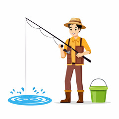 Fisherman casting fishing rod with water splash isolated illustration