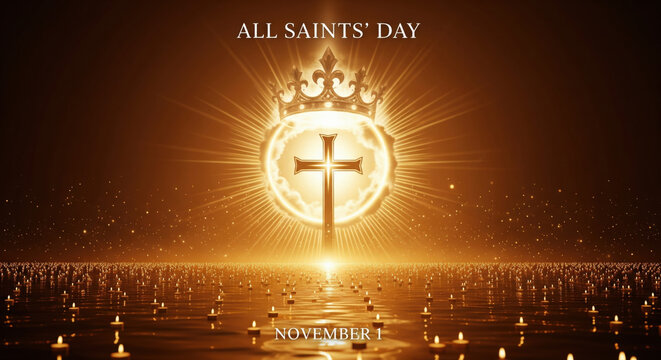 All Saints Day glowing cross golden crown radiant light spiritual celebration November 1 candle reflection religious holiday