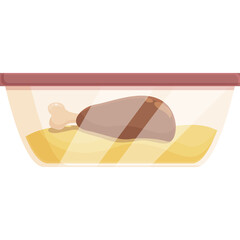 Cartoon meat with bone in a transparent glass dish with yellow liquid and brown lid on a white background